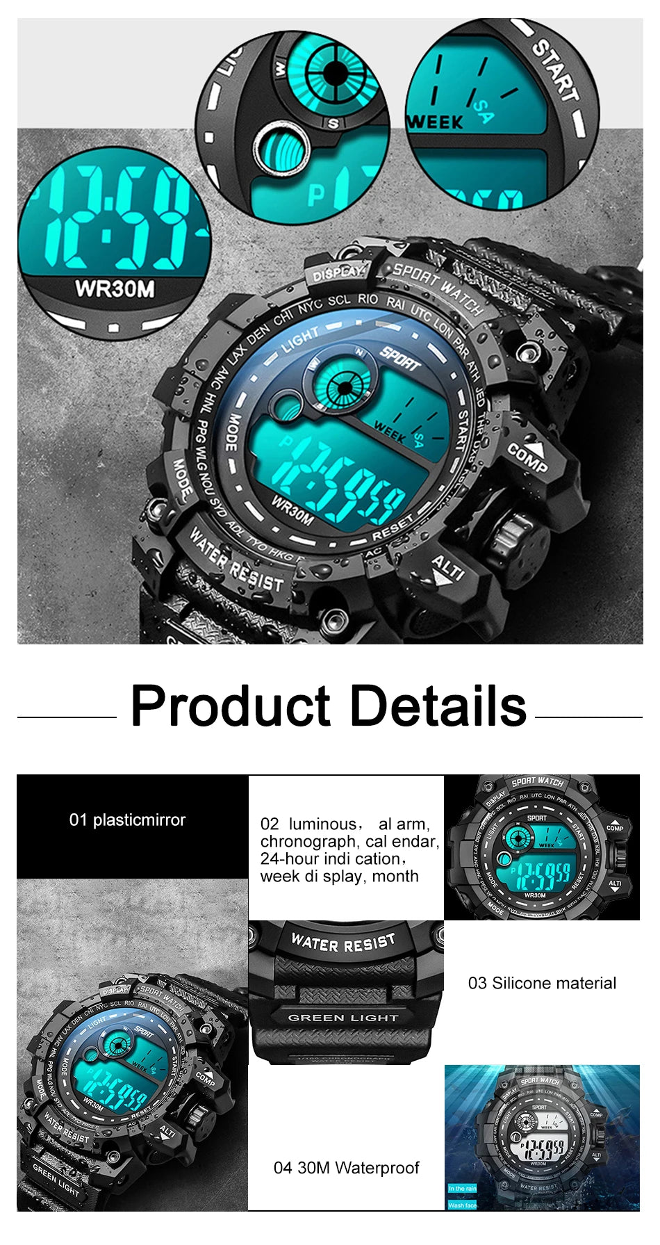 New Men's LED Digital Watches – Luminous, Waterproof Sport Watch for Men, Date Army Military Clock Relógio Masculino