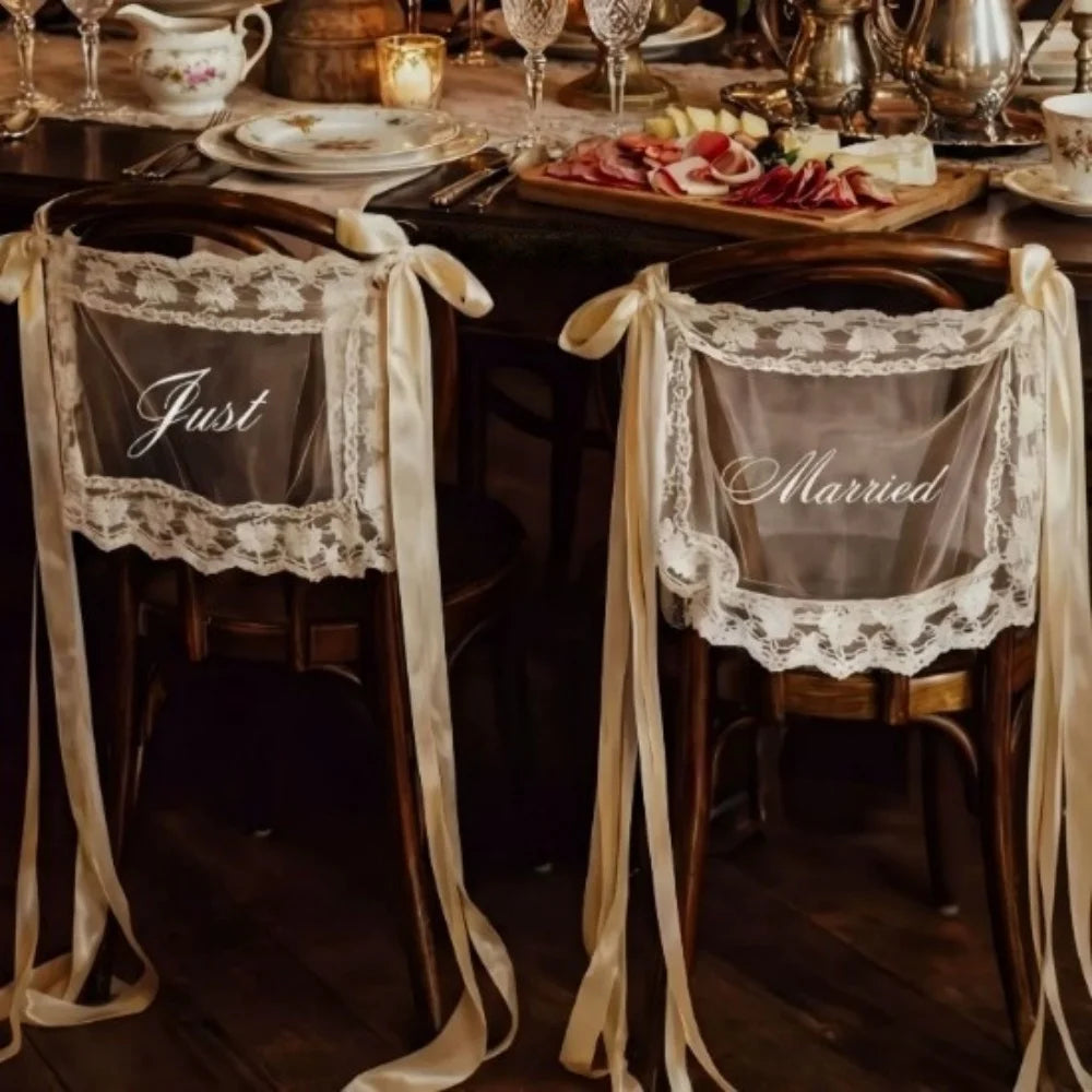Personalized Just Married Chair Signs - Lace Wedding Chair Banners for Bride & Groom