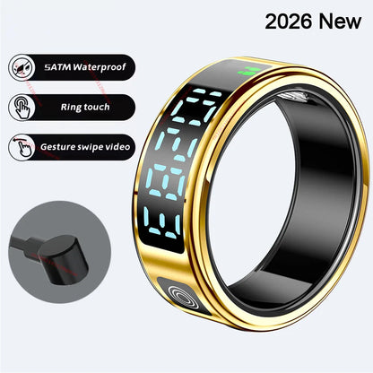 2026 R12 Smart Ring with Display Screen & Touch Control – Wireless Charging Health Tracker, 5ATM Waterproof Fitness Smart Ring for Men & Women