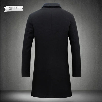 2024 Spring Autumn Men's Slim Windbreaker Jacket - Long Cotton Coat, Wool Blend, Pure Color, Casual Business Fashion