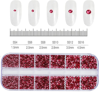 12-Grid Mixed Nail Rhinestones SS6-SS30 – Shiny Flat-Back Gems in Clear, Gold, Pink & Blue for Nail Art Decoration