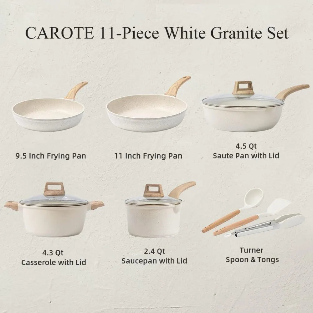 11 Piece White Granite Nonstick Cookware Set - Induction Kitchen Pots and Pans with Frying Pans