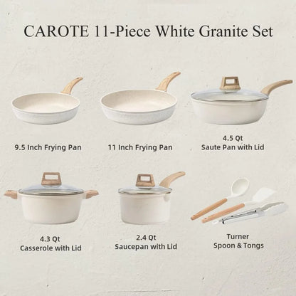 11 Piece White Granite Nonstick Cookware Set - Induction Kitchen Pots and Pans with Frying Pans