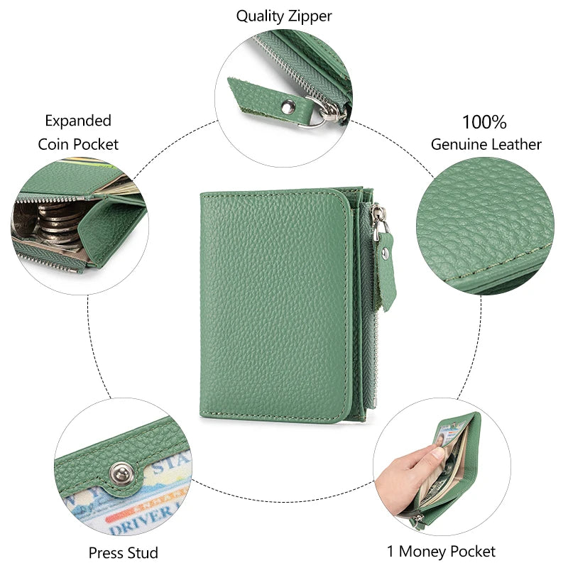 Women’s Genuine Leather Slim Wallet — RFID Blocking Bi-Fold with Card Holder & Coin Pocket