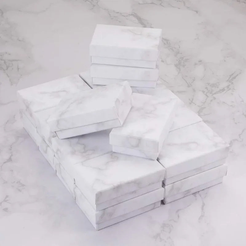 20-Pack Rectangle Kraft Jewelry Boxes — 1.96x3.11x1.06" Marble White Cardboard Gift Boxes for Valentine’s Day