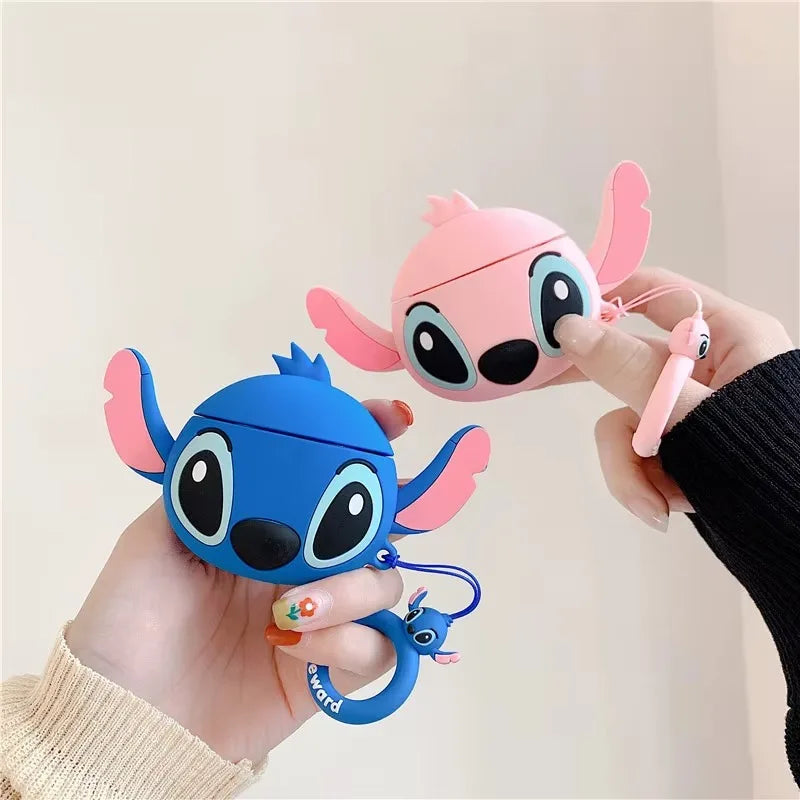 3D Stitch Couple Cartoon Silicone Case for AirPods 1/2/3/4 & Pro/Pro2 — Protective Earphone Box with Pendant Cover