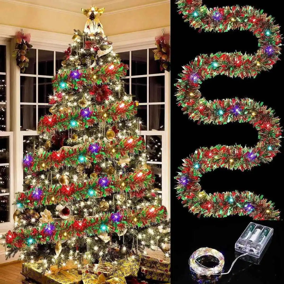 Christmas Tinsel Garland with LED Lights – Shiny Thick Garland for Tree & Home Decor