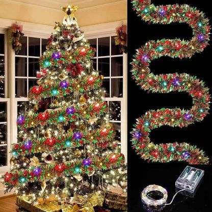 Christmas Tinsel Garland with LED Lights – Shiny Thick Garland for Tree & Home Decor