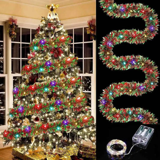 Christmas Tinsel Garland with LED Lights – Shiny Thick Garland for Tree & Home Decor