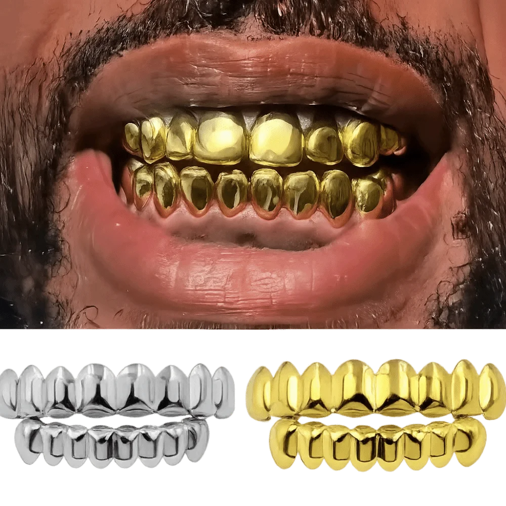 Glossy Teeth Grillz Set - Top & Bottom Anti-Slip Copper Dental Caps Gold Silver Halloween Jewelry Accessory