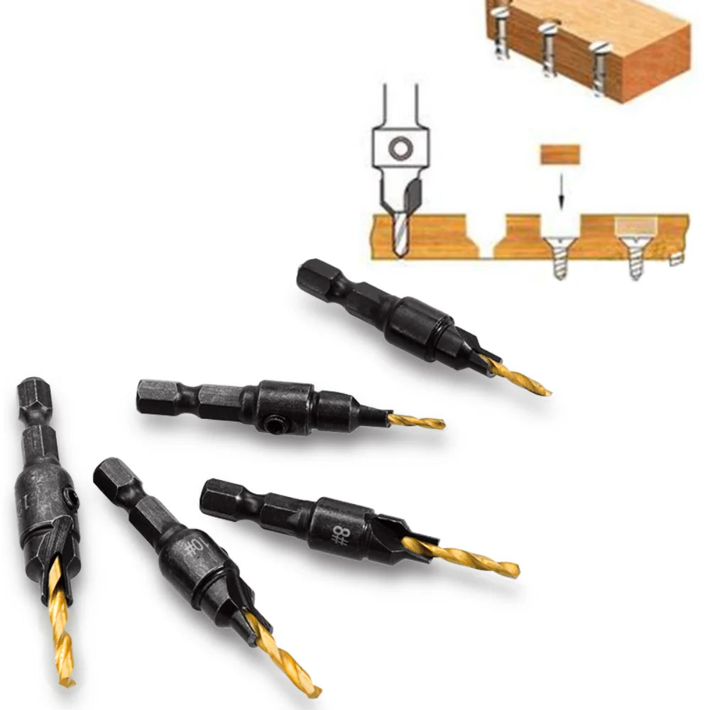 5pcs Countersink Drill Bit Set – Woodworking Pilot Hole Drills for Screw Sizes #5, #6, #8, #10, #12