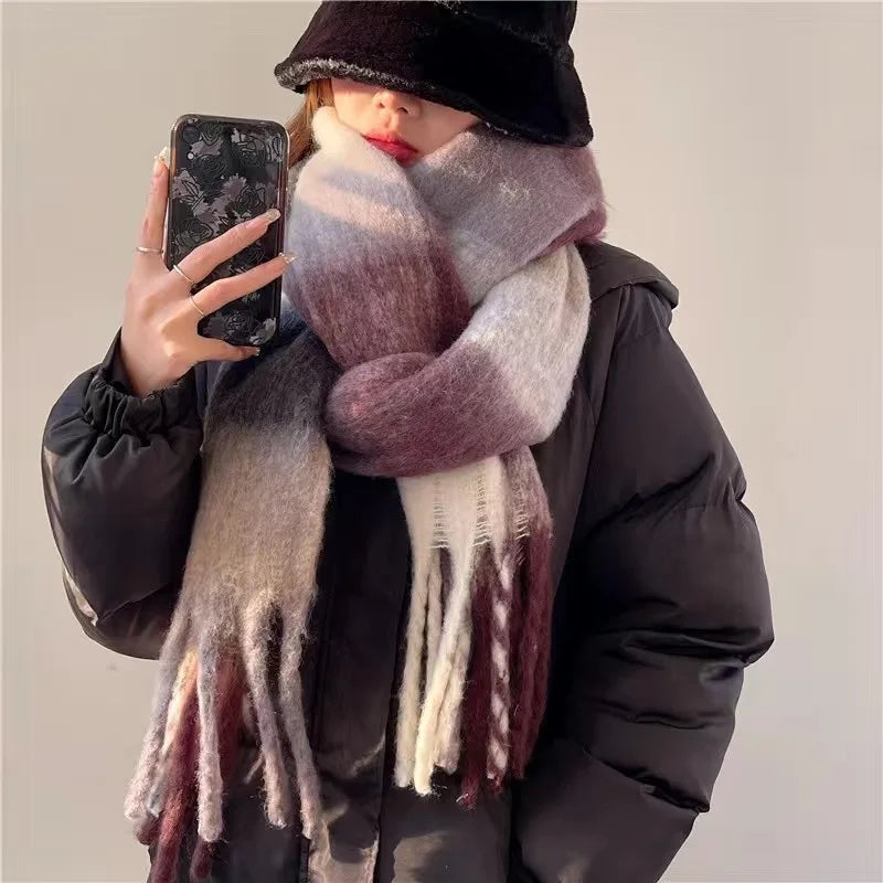 2025 Women's Winter Thick Cashmere Scarf – Warm Pashmina Shawl with Rainbow Tassels & Wraps