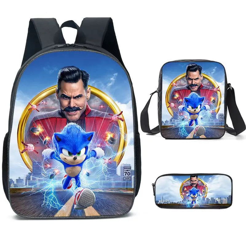3PC Sonic Backpack School Bag Set – Anime Cartoon Zipper Backpack for Boys & Girls, Primary and Middle School Students