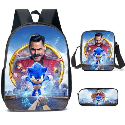 3PC Sonic Backpack School Bag Set – Anime Cartoon Zipper Backpack for Boys & Girls, Primary and Middle School Students