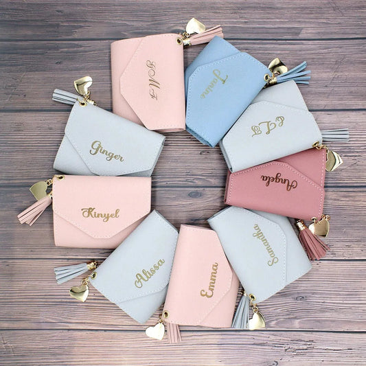 Custom Engraved Leather Wallet for Women - Minimalist Card Bag, Perfect Bridesmaid Gift for Bridal Party, Wedding, and Bachelorette Favors