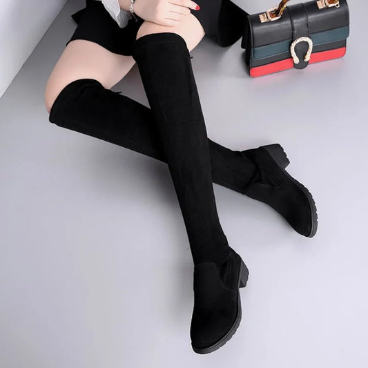 2024 Women's Winter Black Over-The-Knee Boots – Comfort Lace-Up, Chunky High Heels, Warm Suede, Round Toe