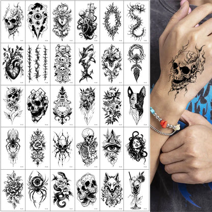 30pcs Black Temporary Tattoo Stickers - Flower Butterfly Rose Moon Star Mandala Designs for Hand, Chest & Body Art