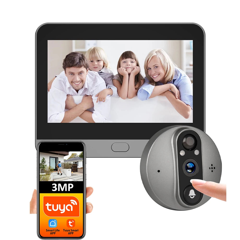 3MP Smart Life Tuya WiFi Doorbell – 1080P Eye Peephole Camera, 5000mAh Battery, PIR Motion Detector, IR, Alexa & Google Compatible