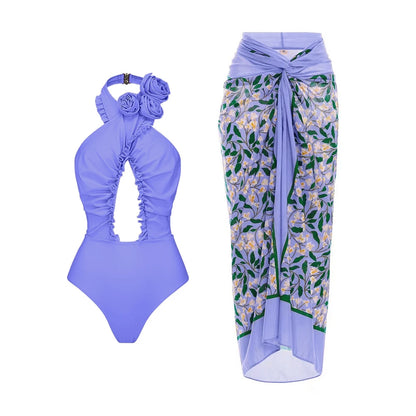 Blue One-Shoulder Ruffle Floral Monokini Swimsuit with Cover Up Sexy One Piece Beach Swimwear for Women Summer