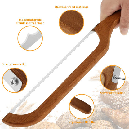 Bread Bow Cutter – Serrated Stainless Steel Bagel & Sourdough Slicer, Portable Cutting Tool with Bamboo Handle