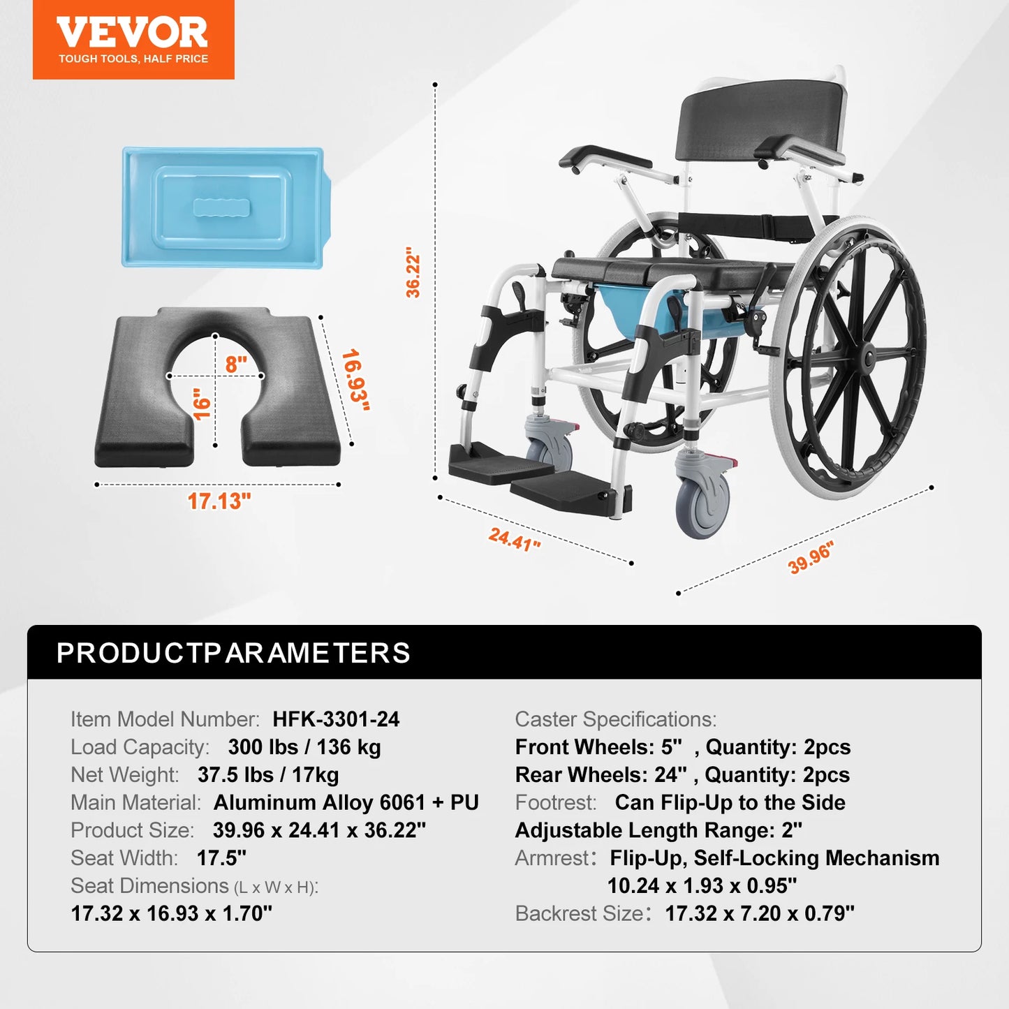 VEVOR 17.5in Shower Wheelchair – Adjustable Rolling Bathroom Chair for Disabled Adults, 300 lbs Capacity