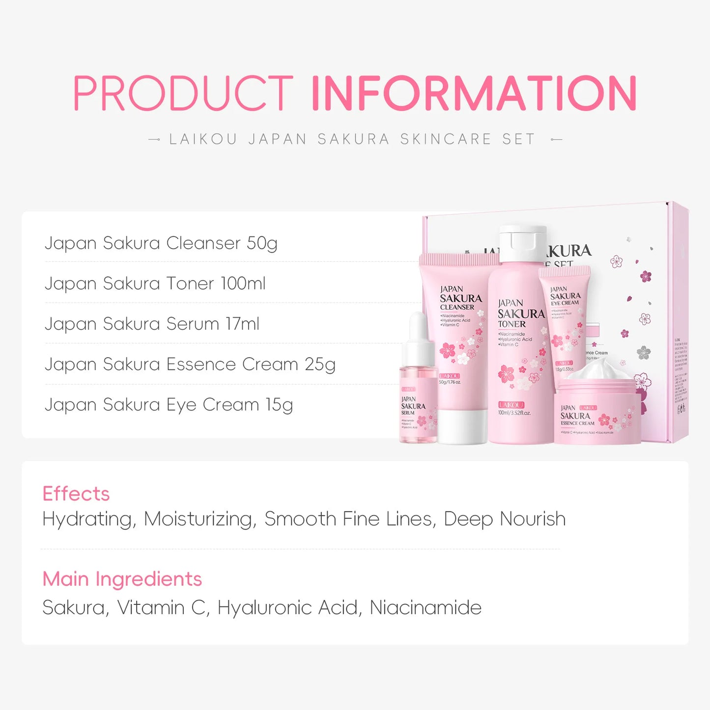 LAIKOU Sakura Skincare Set - 5 Piece Beauty Kit for Moisturizing, Pore Care & Fine Line Reduction