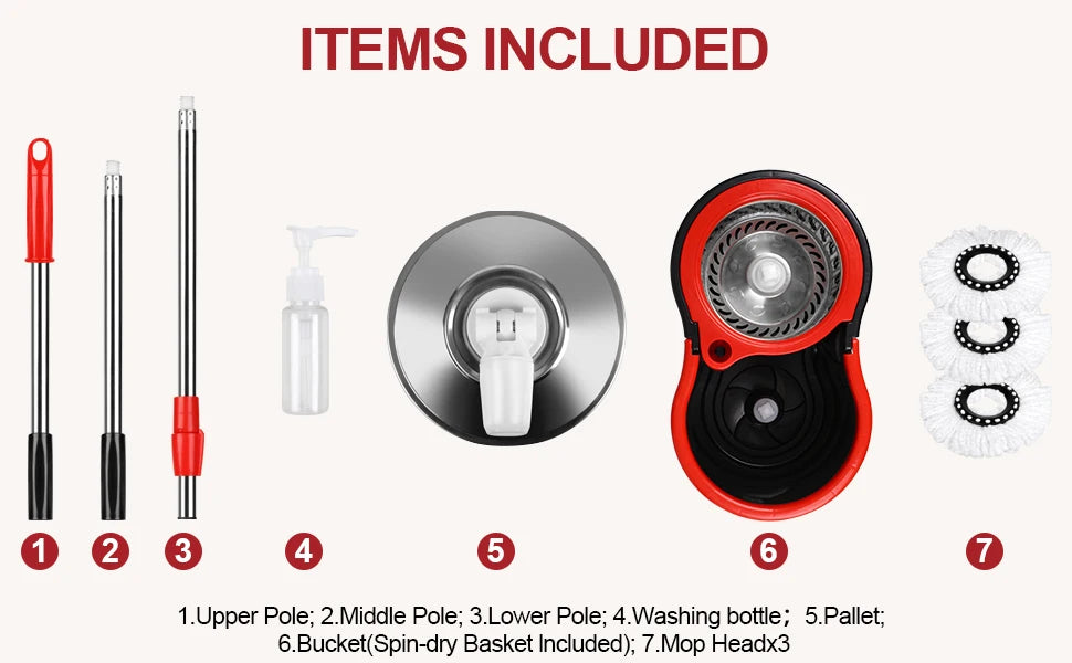 360° Spin Mop Bucket Set – Wring System with 3 Microfiber Heads, Stainless Steel Basket & 61" Extended Handle for Floor Cleaning
