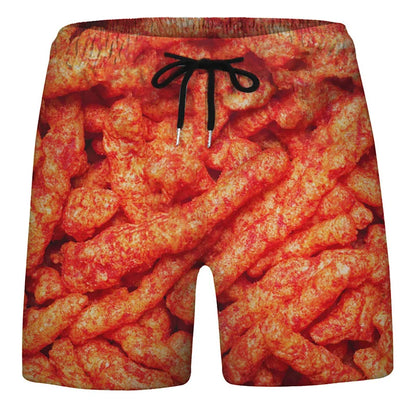 3D Sausage Print Beach Shorts - Funny Food Graphic Elastic Waist Swim Trunks for Men