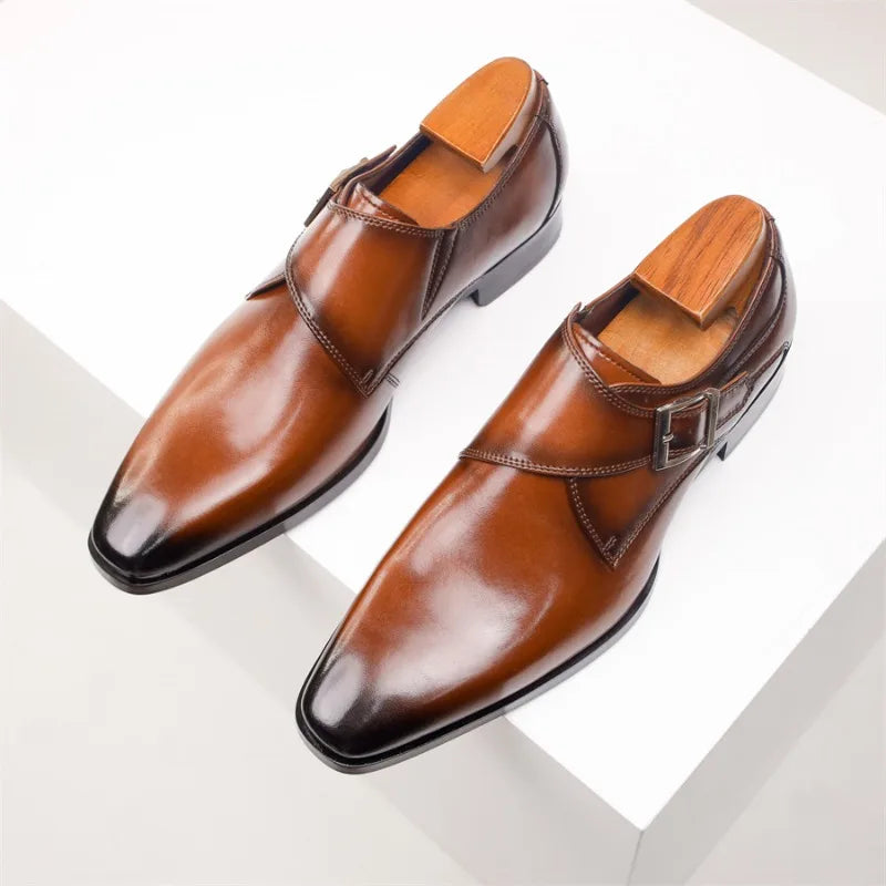 Men’s Genuine Leather Monk Strap Shoes - Single Buckle Classic Business & Wedding Dress Shoes