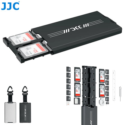 JJC 18-Slot Memory Card Case – Pop-Up SD, MicroSD, Nano SIM & NM Card Holder with Carabiner