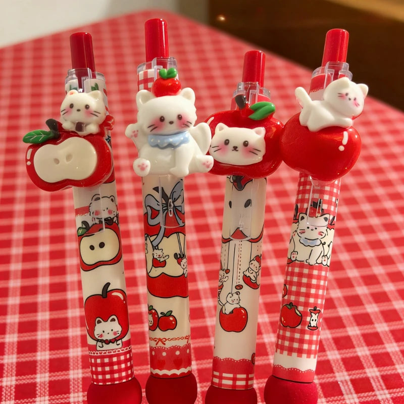 4-Piece Kawaii Apple Cat Gel Pen Set – 0.5mm Black Ink Cute Soft-Grip Pens for School and Office