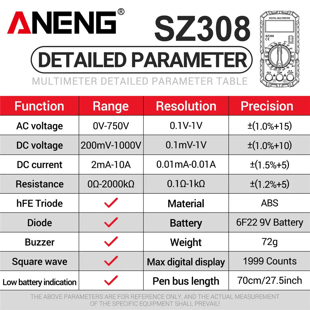 ANENG SZ308 1999-Count Multimeter — HFE Triode Tester, Square Wave Voltmeter & 10A Current Meter