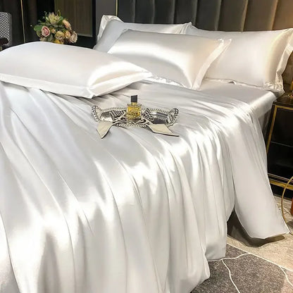 Nordic Silk Bedding Set With Duvet Cover - Luxury Solid Color Bed Sheet & Pillowcase Set For Single Double Couple Summer Bed Linen