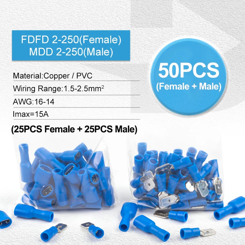 50PCS (25 Set) Insulated Female & Male Spade Crimp Terminal Connectors 6.3mm FDD/MDD Electrical Wiring Cable Plug Kit Universal Use