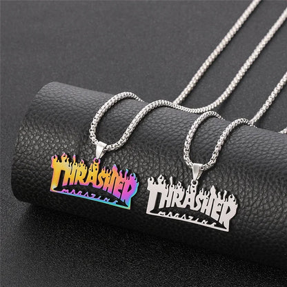 Trendy Hip-Hop Stainless Steel Letter & Flame Pendant Necklace | Street Style Rock Jewelry for Men & Women