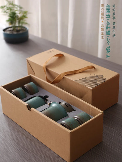 Kiln-Change Vintage Spring Green Pottery Tea Set – 1 Pot & 4 Cups, Simple Small Set for Outdoor or Tea Room