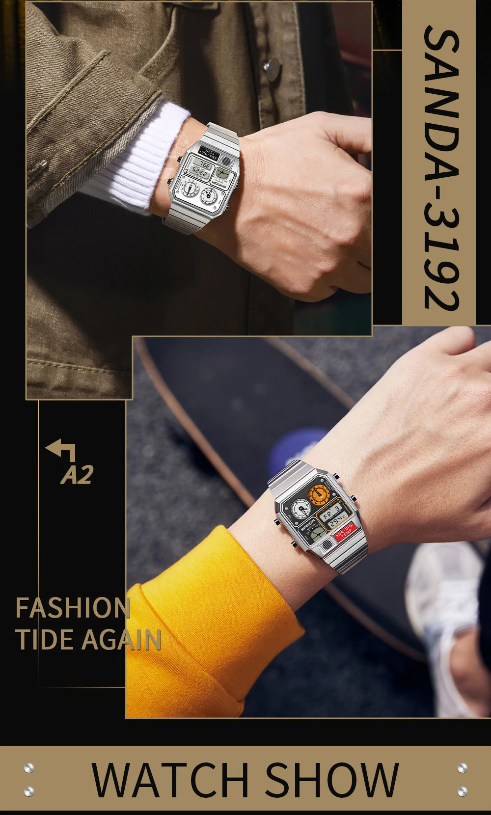 SANDA 3192 Men’s LED Square Watch — Youth Casual Multi-Function Stopwatch Thermometer Chronograph