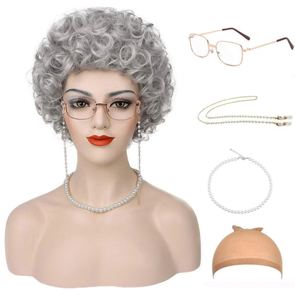 Synthetic Old Lady Wig Costume Set – Short Curly Silver White Grandma Wig & Glasses for Women, Granny Cosplay, Halloween Party