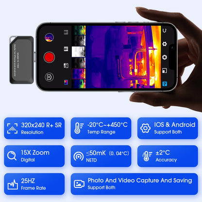 USB-C Thermal Camera for iOS & Android - 320×240 Super Resolution, 160×120 IR Thermal Imager, -4°F to 842°F Temperature Range