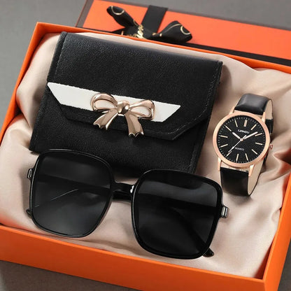 3PCS Women’s Casual Leather Watch Set – Quartz Wristwatch, Heart Bow Wallet, Glasses & Sunglasses Clock Montre Femme