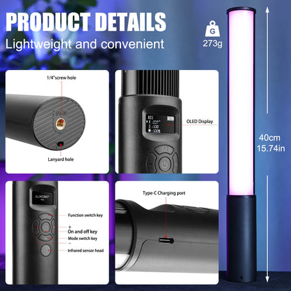 P400 RGB LED Light Wand Handheld Tube Light 2500K-6500K Rechargeable Photography Lamp with 36000 Colors for YouTube Vlogging & Party Lighting