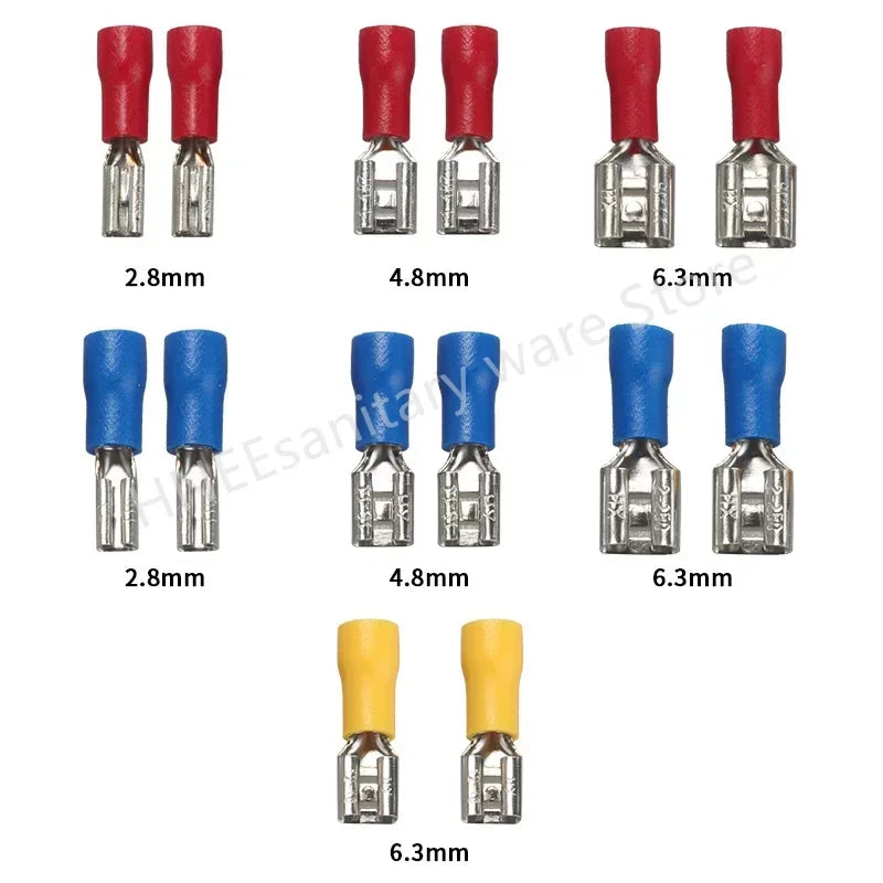 100/50/10PCS Insulated Female Crimp Wire Terminals – 2.8mm 4.8mm 6.3mm Spade Electrical Connectors (Red, Blue, Yellow)