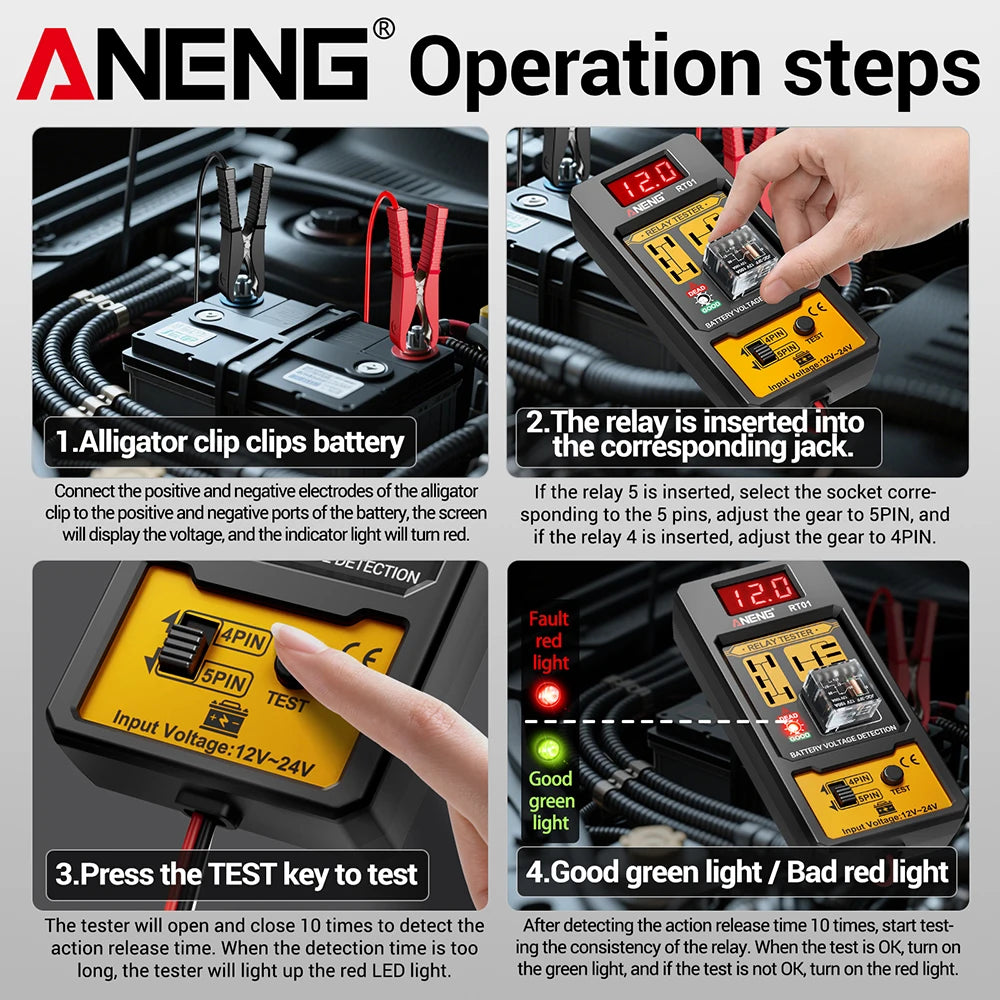 ANENG RT01 Relay Tester - Digital 11-25V Vehicle Battery Voltage Detector for 4/5 Pin Relays