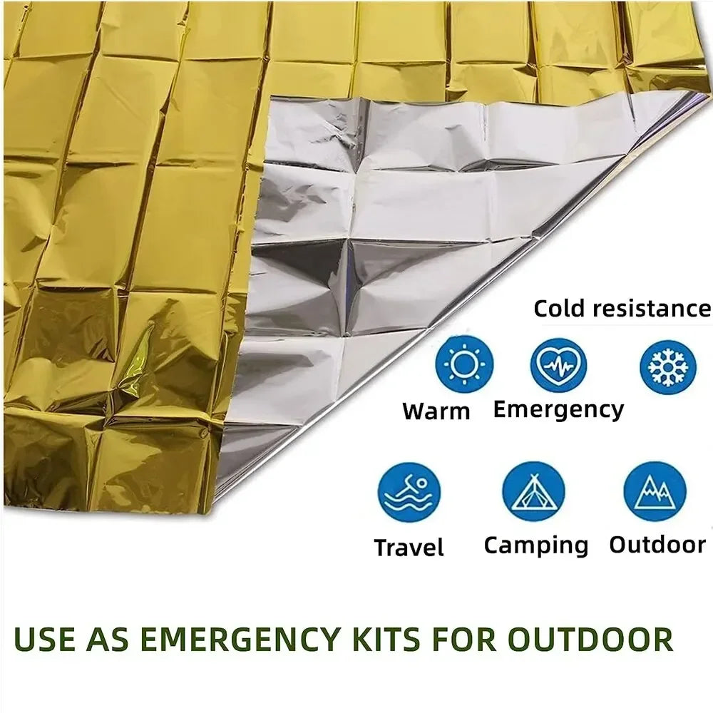 Emergency Thermal Poncho Blanket - Lightweight, Water-Resistant, Windproof, and Reusable - Ideal for First Aid, Camping, and Sunshade