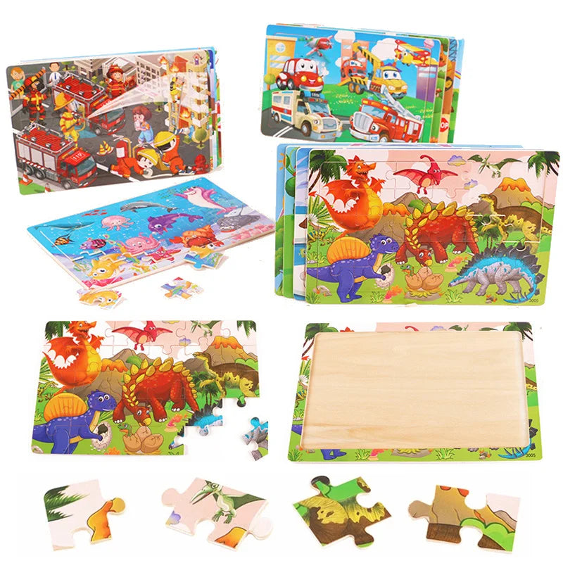 30PCS Montessori Wooden 3D Cartoon Animal Puzzle – Educational Jigsaw Board Game for Kids
