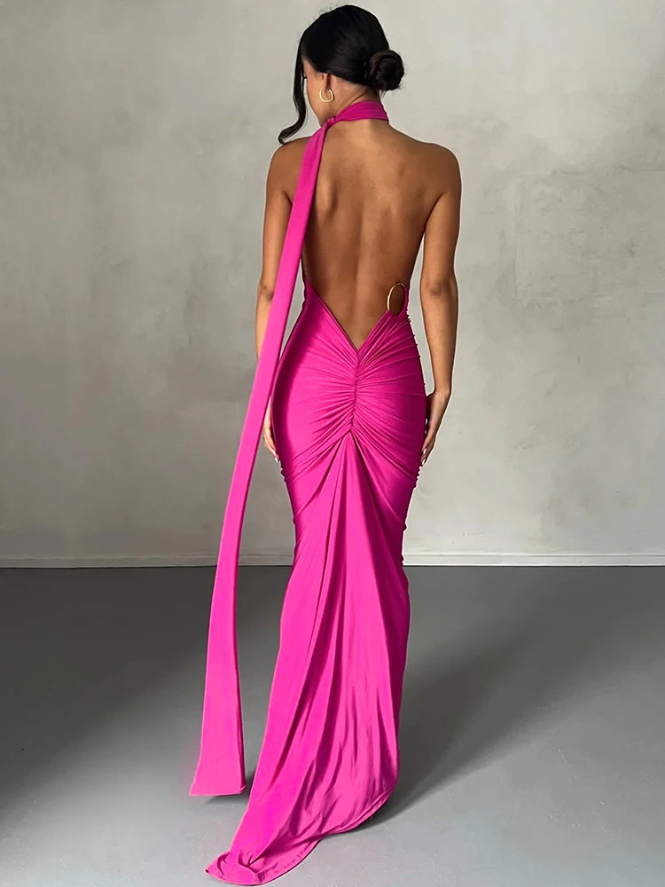 Hugcitar One Shoulder Backless Maxi Dress for Women – Adjustable Scarf Ruched Sexy Elegant Y2K Festival & Streetwear Party Outfit