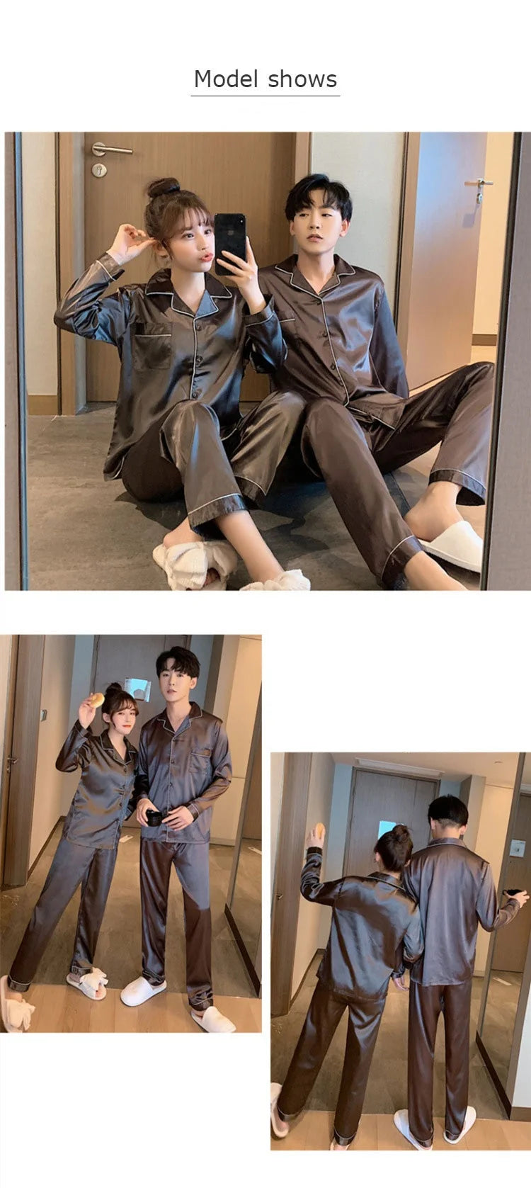 Solid Color Silk Satin Pajama Set – Long Button-Down Sleepwear for Couples, Women & Men Loungewear Plus Size