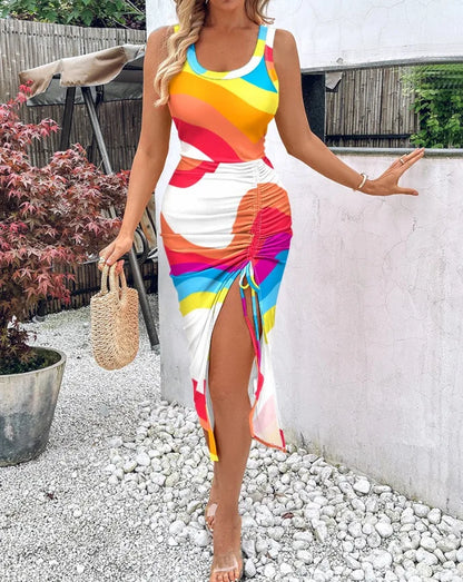 Women's Gradient Stripe Split Midi Dress – Sleeveless Round Neck Sexy Waist-Defining Summer Fashion Dress
