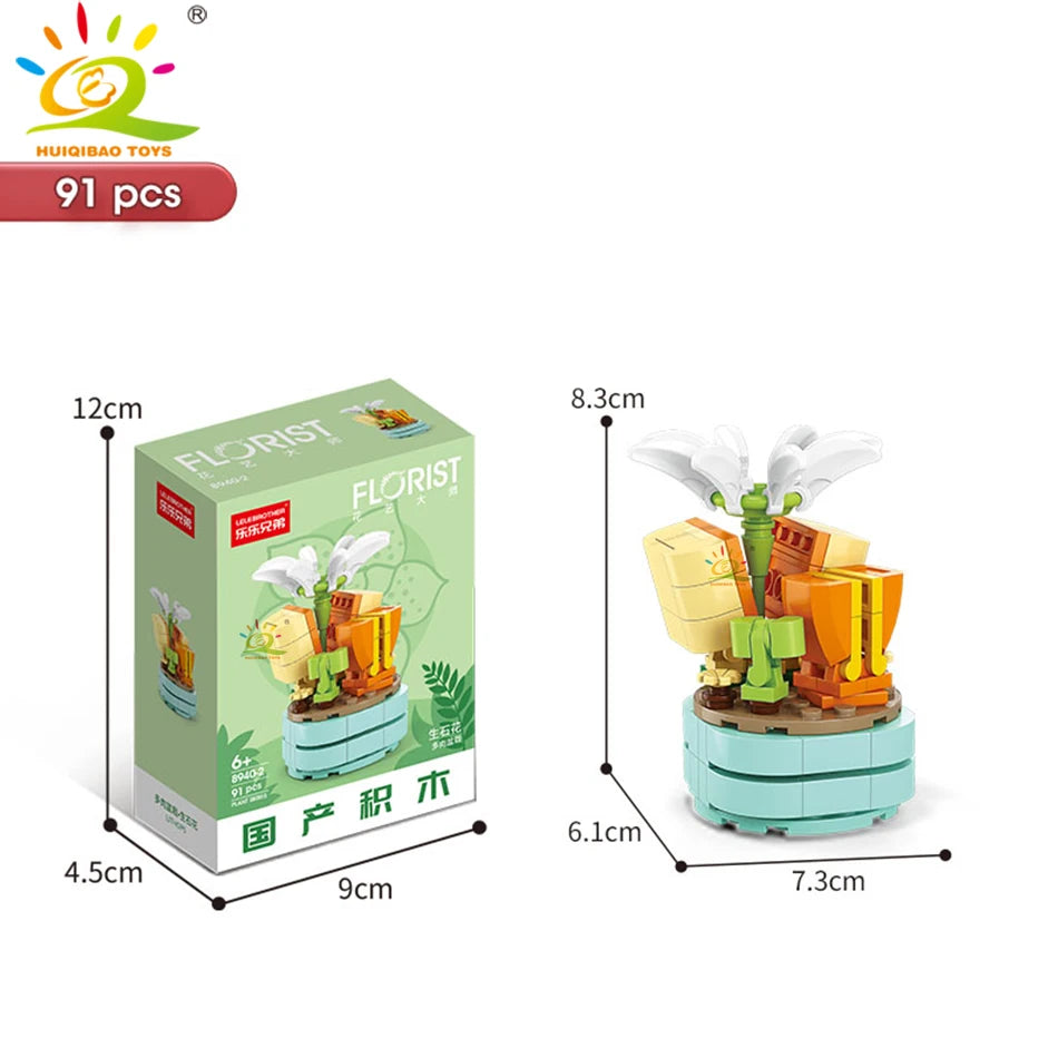 HUIQIBAO MOC Flower & Succulent Potted Building Block Set – DIY Eternal Bouquet, Home Desk Plant Decor, Girls & Kids Toy Gift