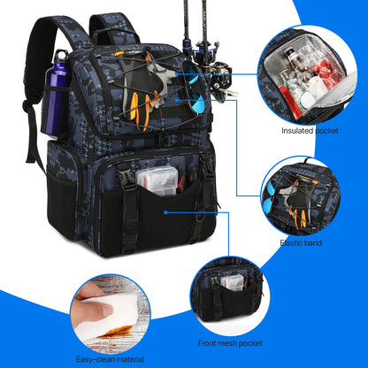 45L Fishing Backpack - Cooler Tackle Storage Bag with Rod Holders & Rain Cover for Camping, Hiking & Outdoor Fishing